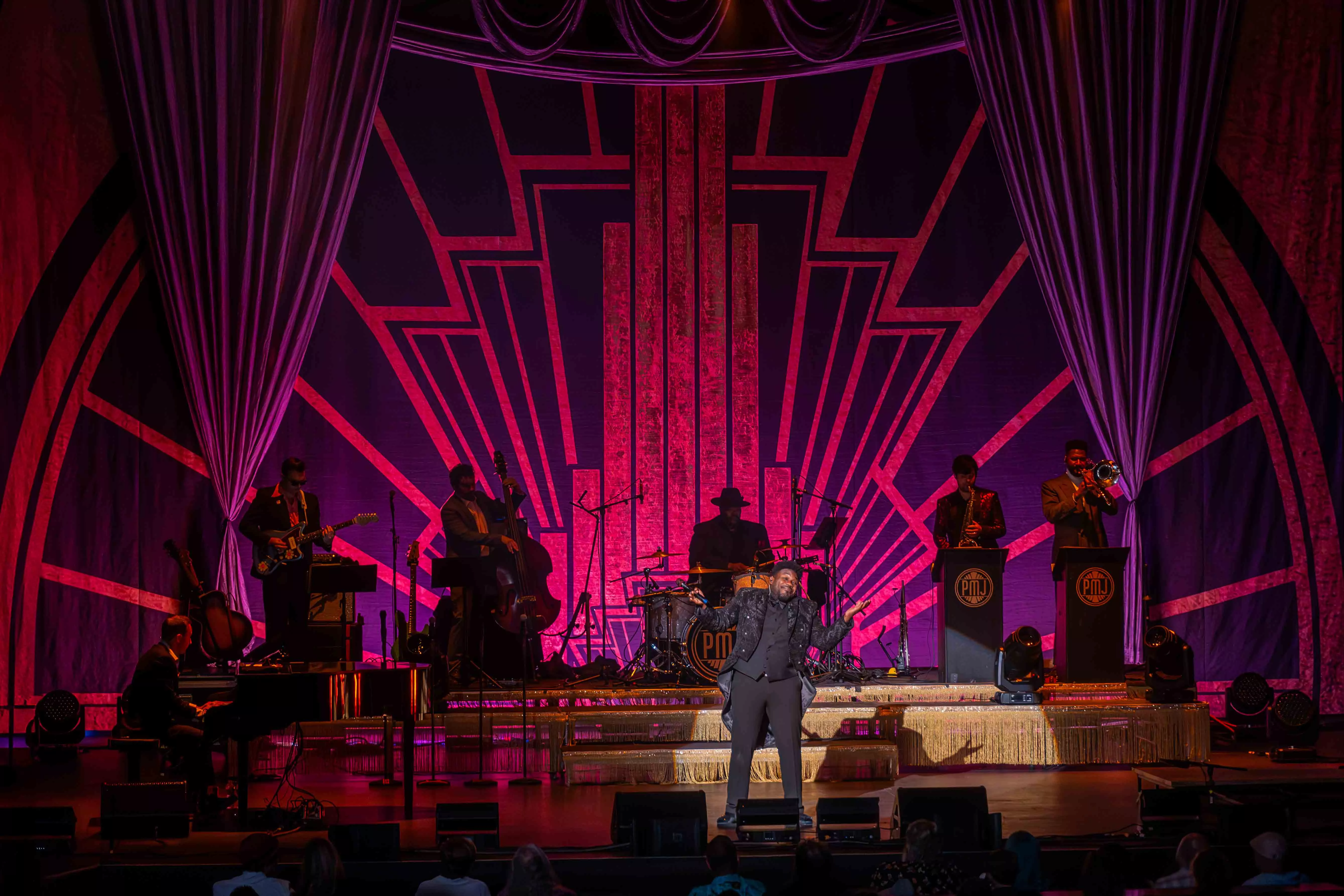 Members of the Scott Bradlee Postmodern Jukebox perform at the Fox Performing Arts Center in Riverside Ca on Aug 9