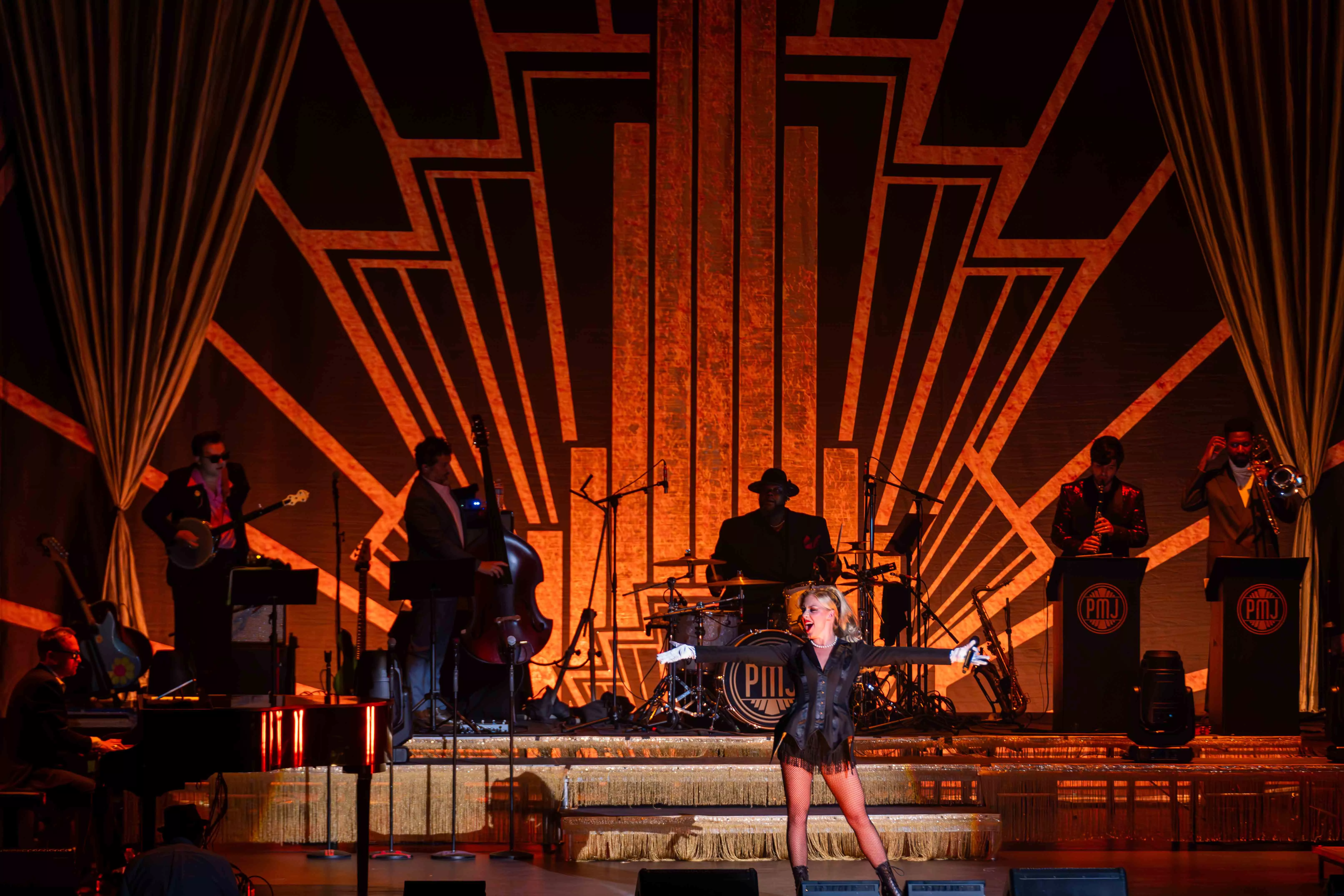 Members of the Scott Bradlee Postmodern Jukebox perform at the Fox Performing Arts Center in Riverside Ca on Aug 9