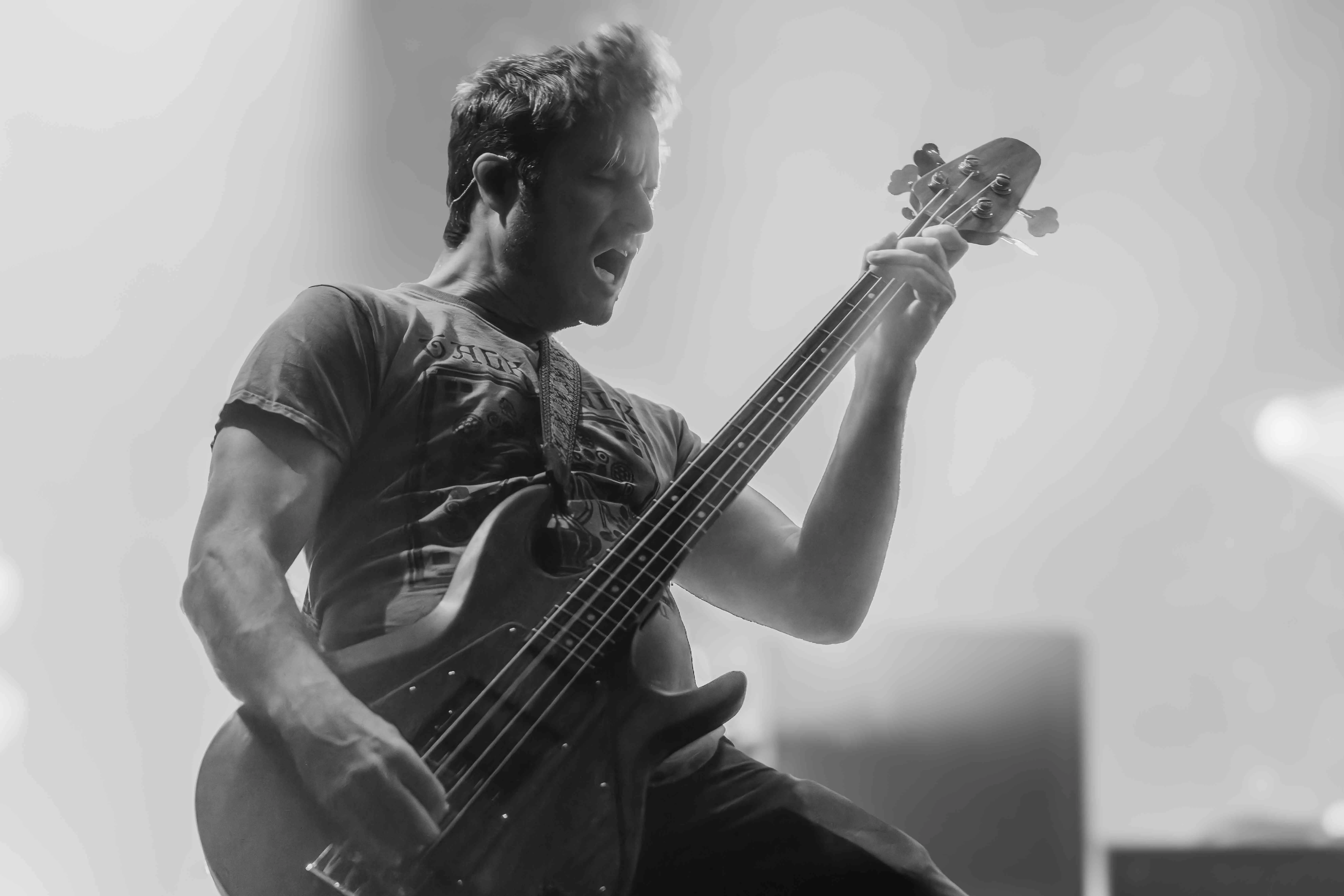 Ed Breckenridge bassist for Thrice performs on stage at the Riverside Municipal Auditorium in Riverside Ca on November 12