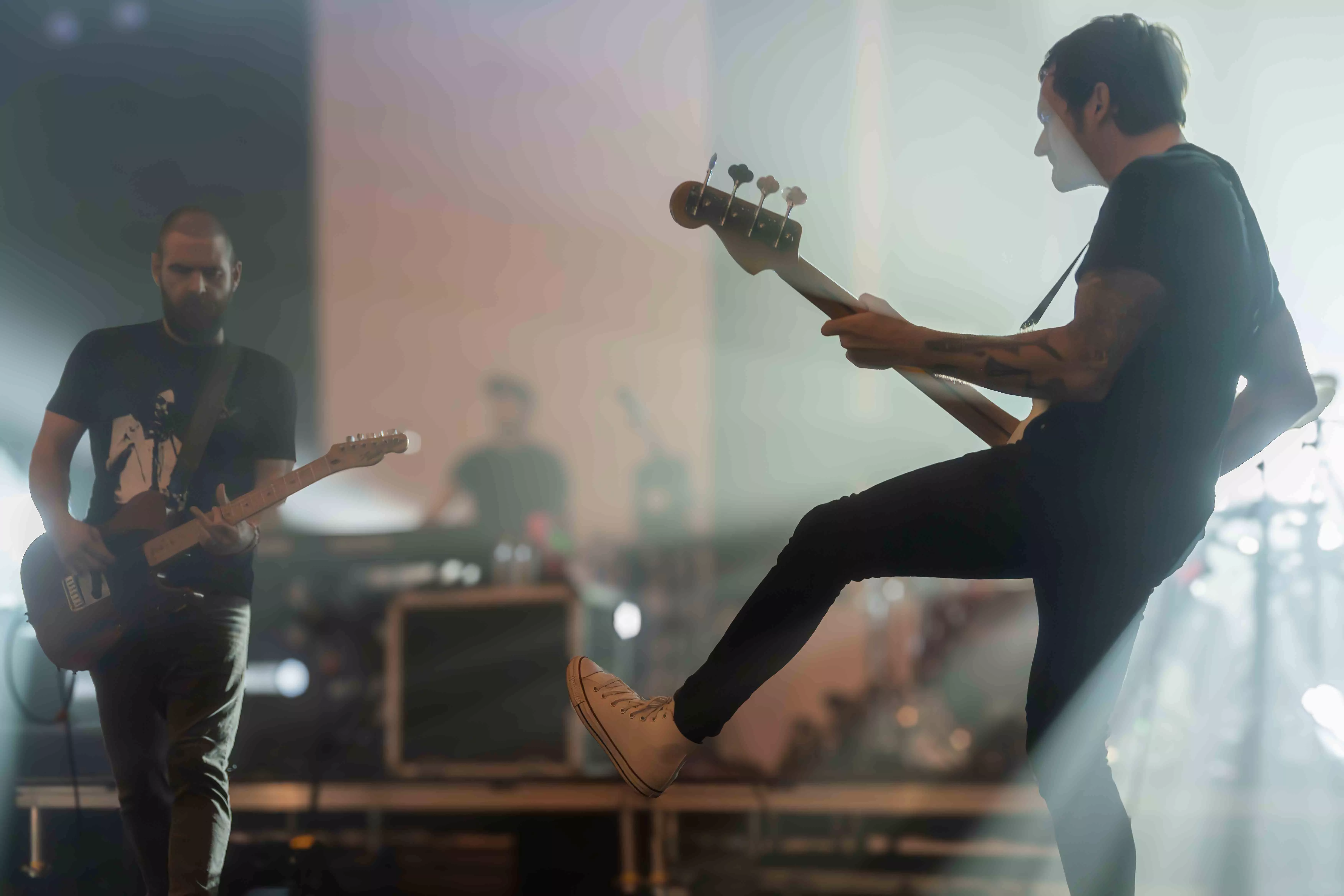 Andy Prince bassist for Manchester Orchestra and front man guitarist and vocalist Andy Hull perform on stage at the Riverside Municipal Auditorium in Riverside Ca on November 12