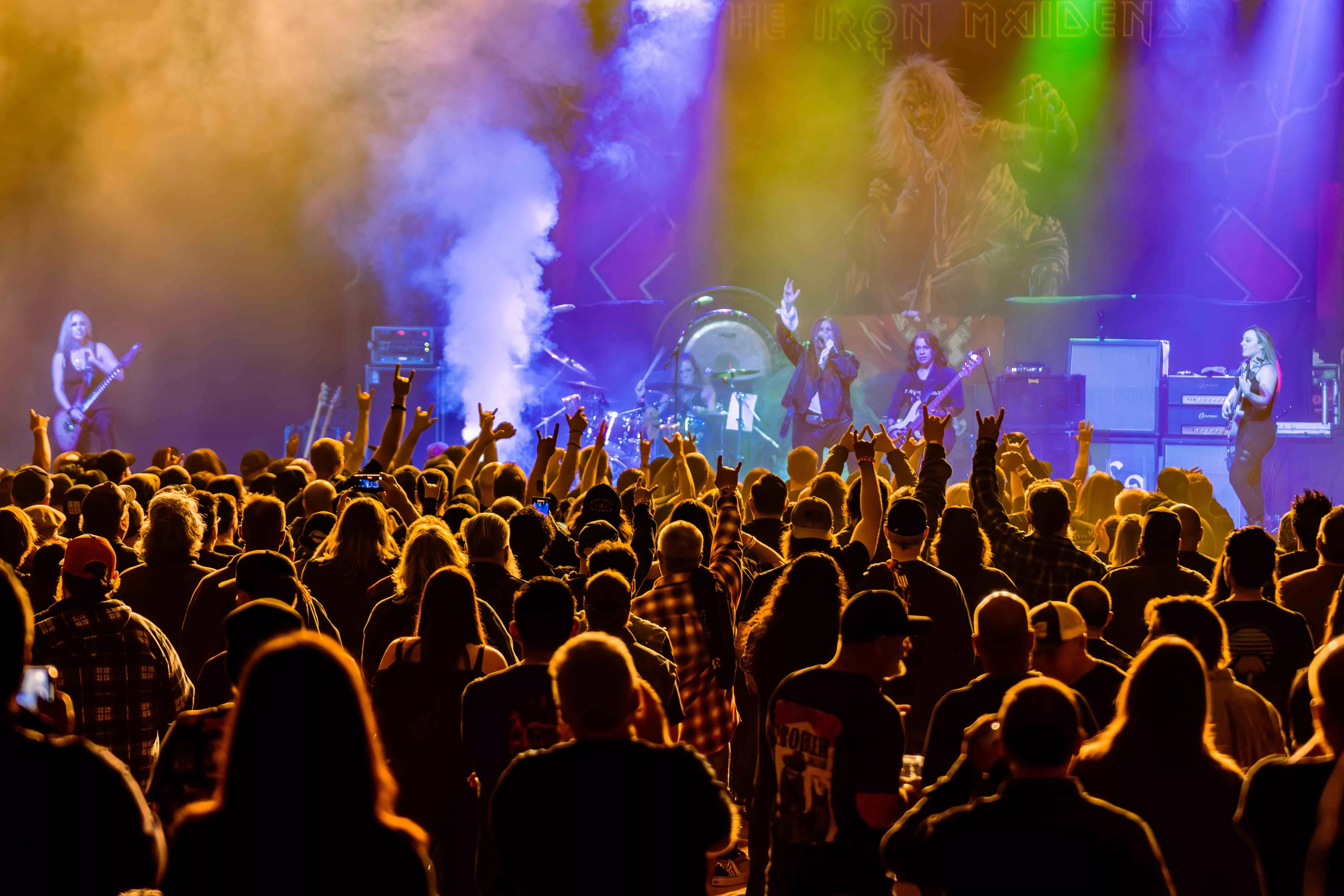 a crowd cheers as a group of female presenting musicians perform at the Riverside Municipal Auditorium in Riverside CA