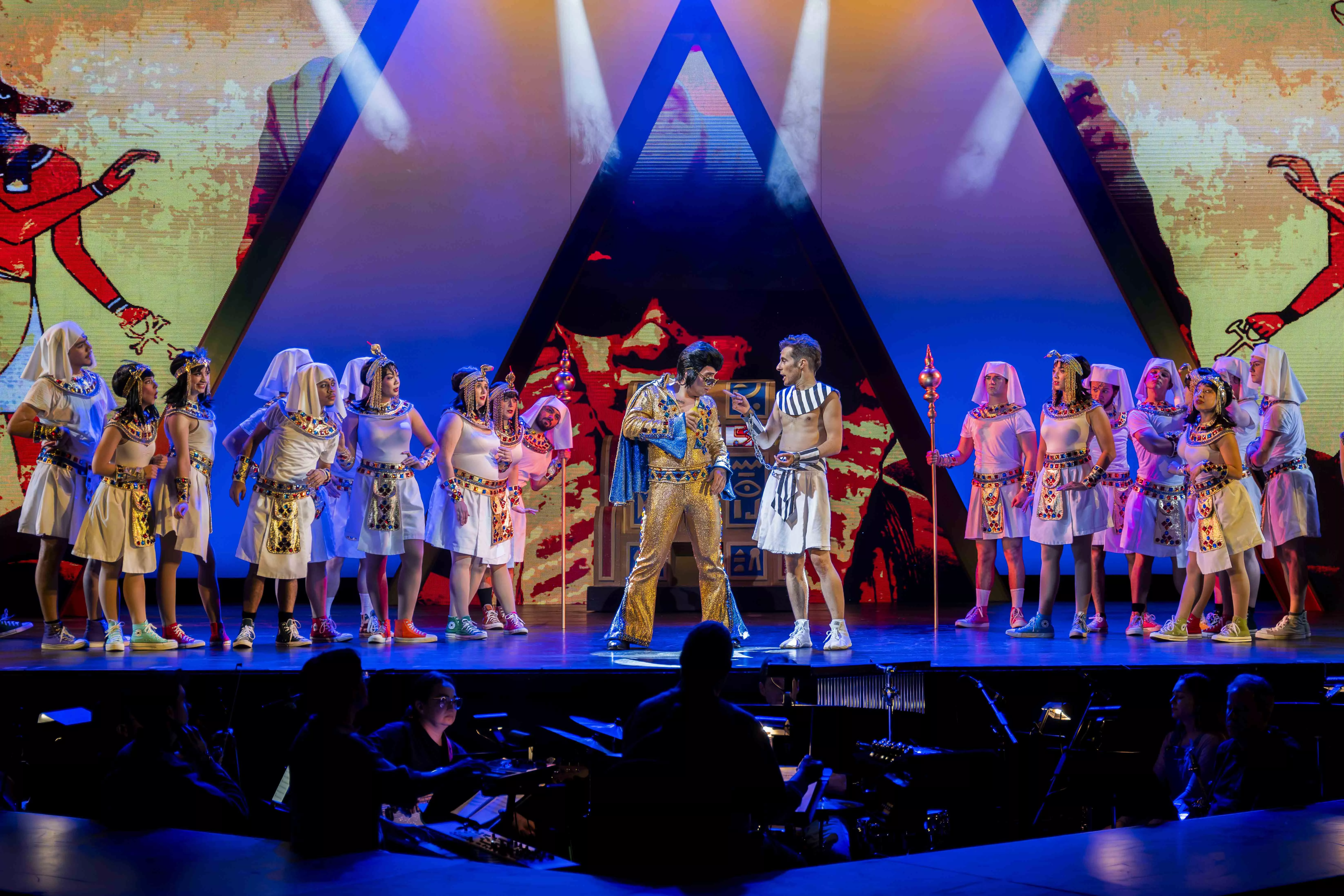 Actors perform on the Landis Auditorium stage at Riverside City College during their production of Joseph and the Amazing Technicolor Dreamcoat on Feb 5.