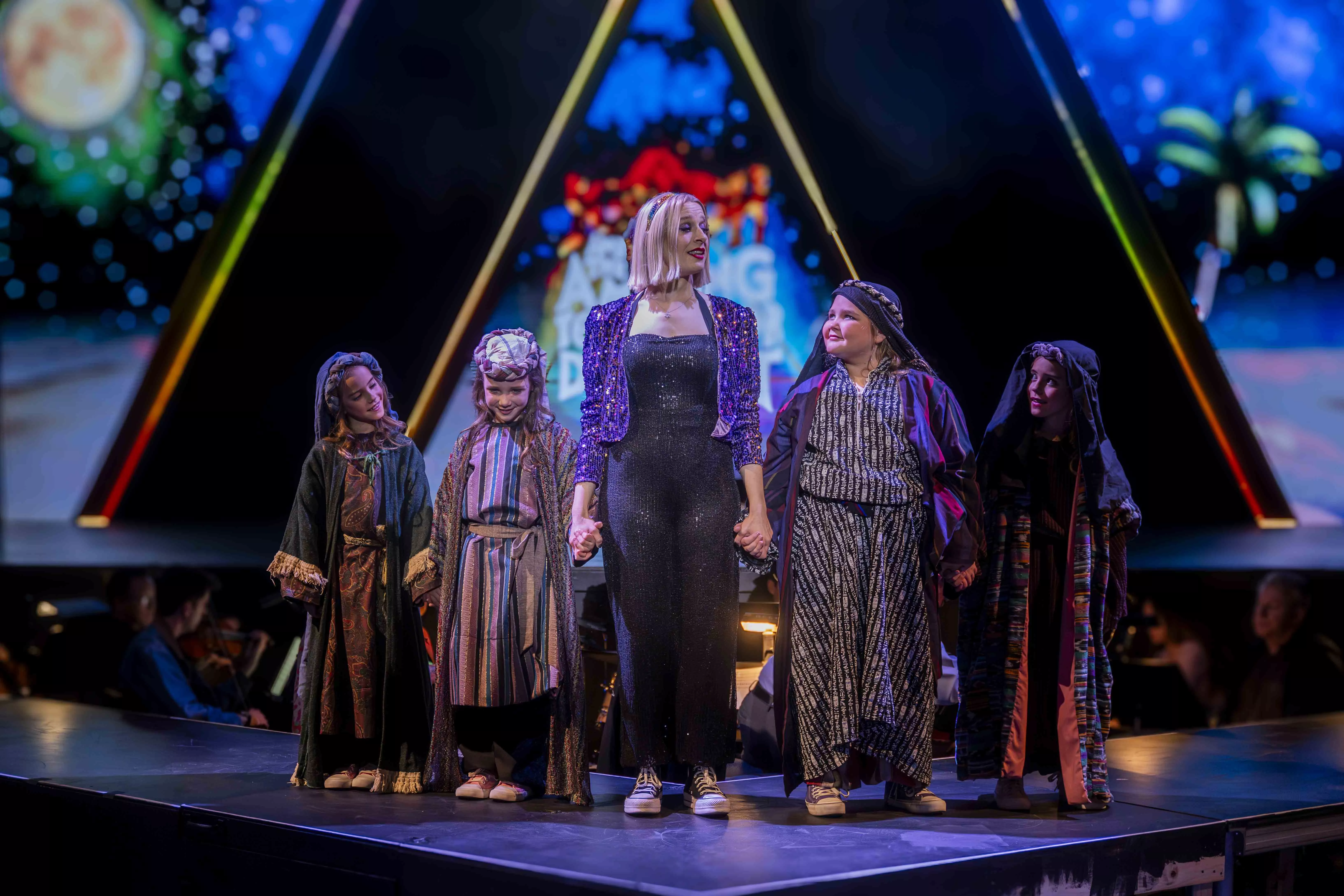 Actors perform on the Landis Auditorium stage at Riverside City College during their production of Joseph and the Amazing Technicolor Dreamcoat on Feb 5.